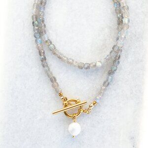 GORGEOUS Labradorite Necklace Gold Toggle Clasp Pearl Pendant Waterproof Jewelry